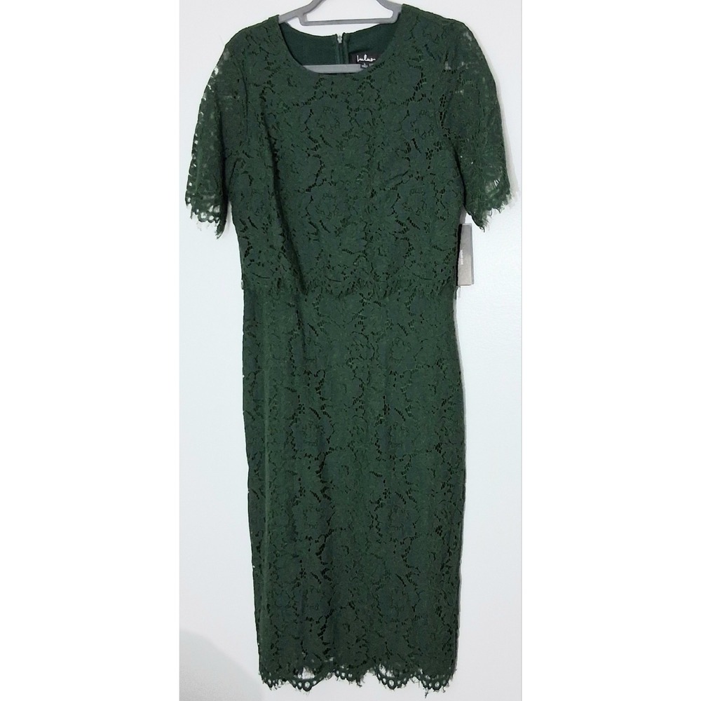 Lulus Dress Size L Devotion Forest Green Lace Short Sleeve Midi Cotton Nylon